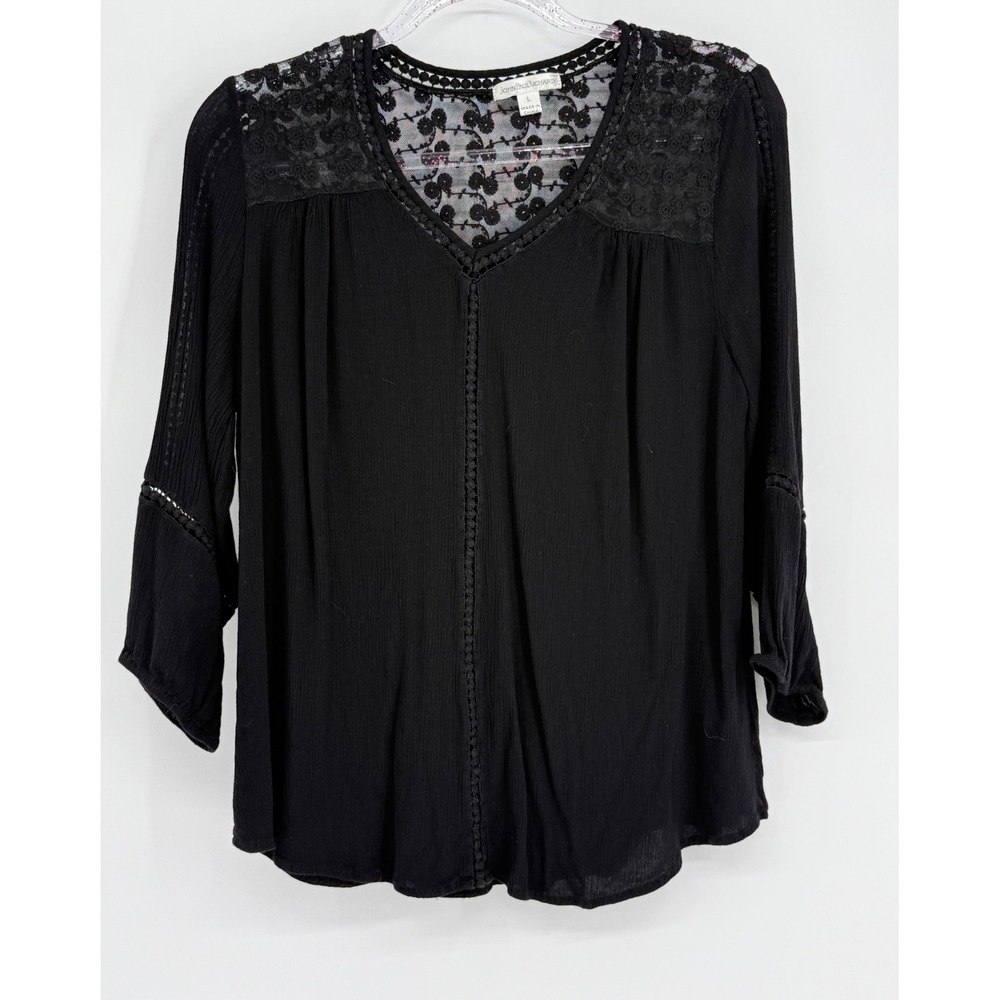 JohnPaulRichard Black Lace Yoke Peasant Blouse Womens Sz L 3/4 Sleeve Boho Top